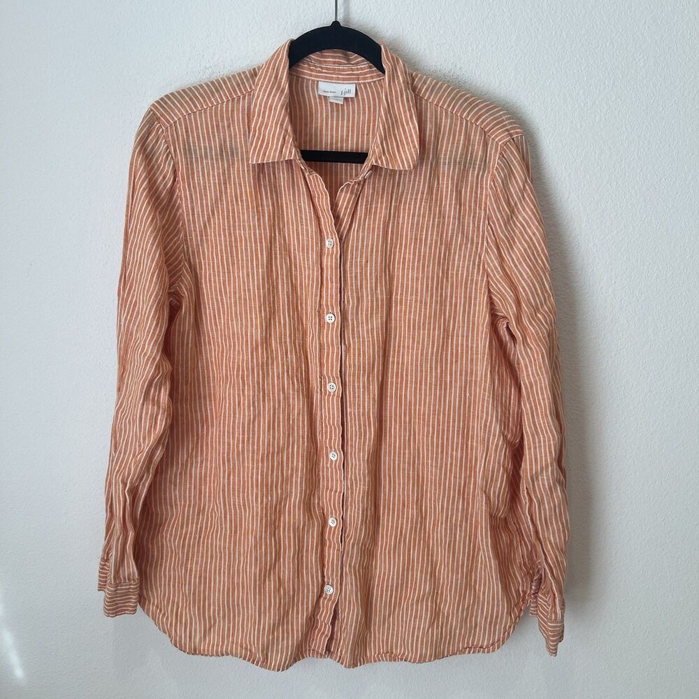 J. Jill Love Linen Orange White Pinstripe Button-Down Shirt Size M Coastal